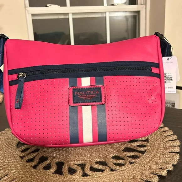 Nautica Vibrant Pink Crossbody Bag with Navy Accents - Picture 4 of 14